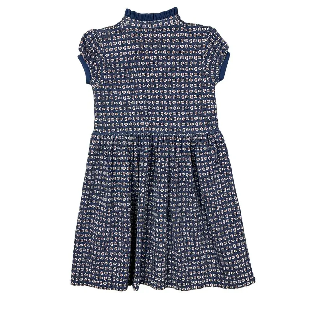 RALPH LAUREN Girls Dress Navy Blue Pink Paisley Ruffle Pony Logo Puff Sleeve 6